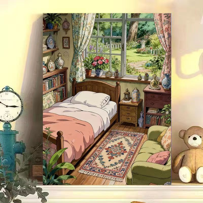Garden Camera - Gemütliches Schlafzimmer mit Gartenblick, modernes Leinwand-Ölgemälde,